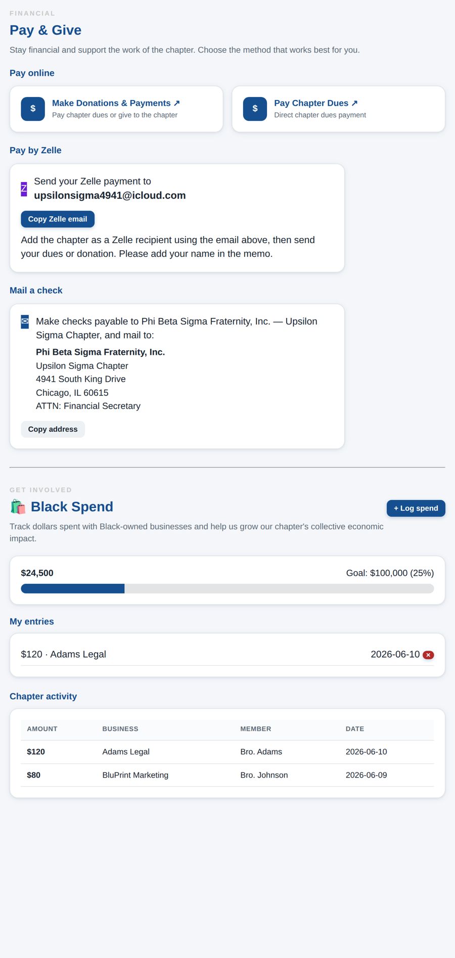 Upsilon Sigma app screen showing Pay and Give and the Black Spend tracker